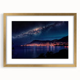 Abstract art print of Monaco scenery in muted gold and blue tones, framed with a gold mat.