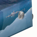 Mid-century modernist acrylic glass print of abstract European scenery in muted earth tones, ideal for dining room art.