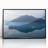 Large abstract wall art featuring a stylized Montenegro scenery in muted earth tones, framed in black acrylic.