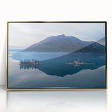 Framed acrylic print of a Montenegro landscape in art deco style, with muted gold and blue tones.