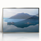 Acrylic print of a Montenegro landscape in muted earth tones, framed in silver, suitable for modern art wall decor.