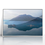 Mid-century modernist art depicting a serene Montenegro landscape in muted earth tones, framed acrylic.