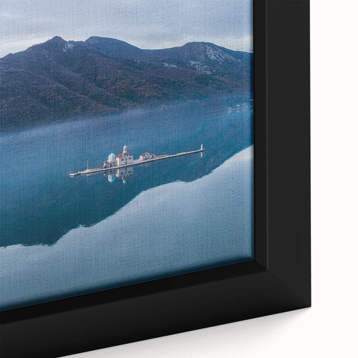 Extra large framed canvas of a textured Montenegro scenery in black with colorful accents, ideal for living room decor.