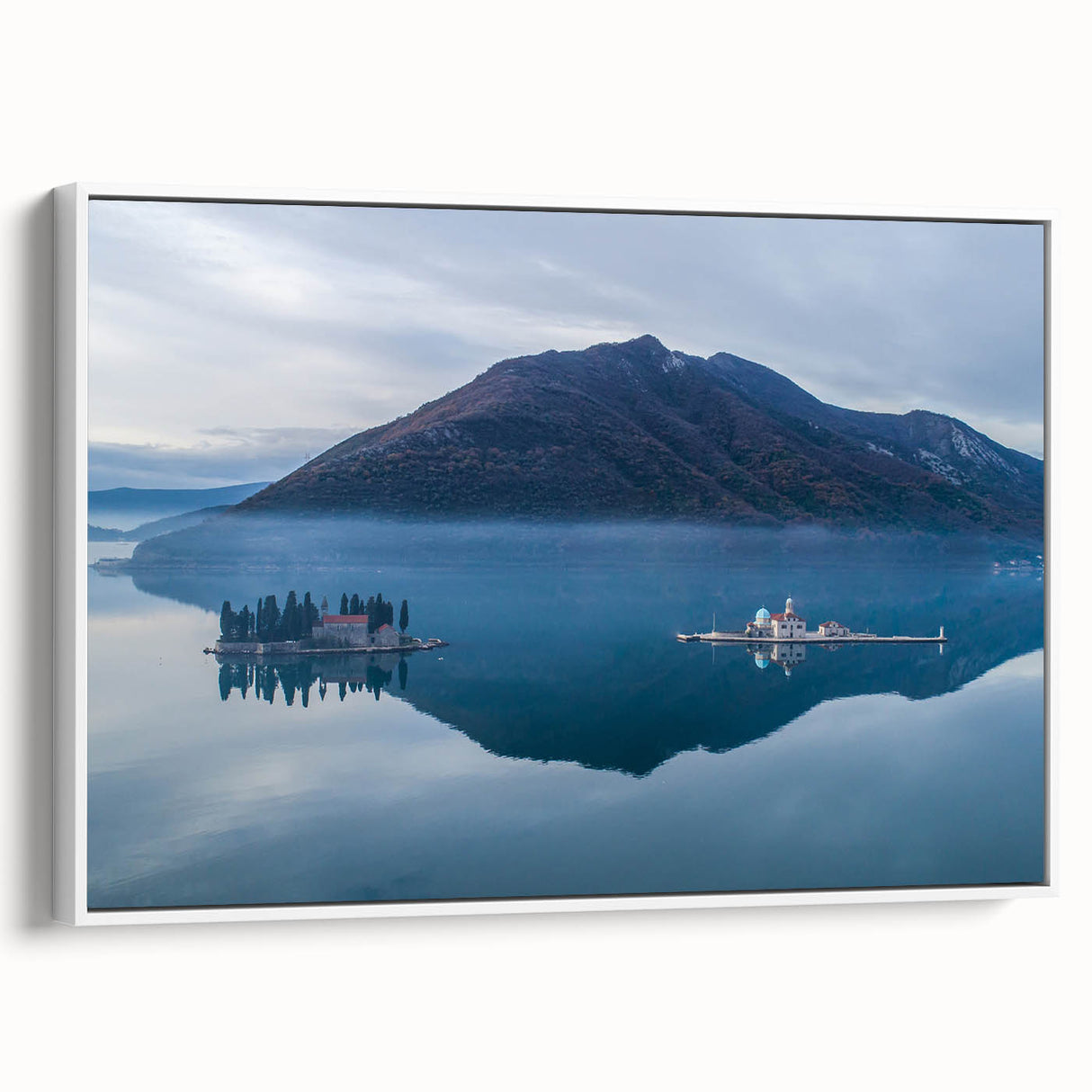Vintage poster art of a European Montenegro scenery on a framed canvas, featuring colorful art against a black background.