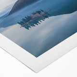 Art deco poster featuring a serene Montenegro landscape in soft pastel colors on rolled canvas, ideal for dining room decor.