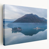Large art depicting the scenic Montenegro coastline in muted blue and green tones on stretched canvas.