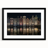 Colorful abstract art print of Amsterdam scenery in vibrant hues on a large framed canvas, ideal for living room decor.