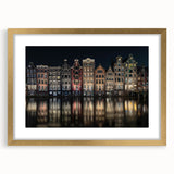 Abstract art print of Amsterdam scenery in muted gold and blue tones, framed with a gold mat, suitable for dining room decor.