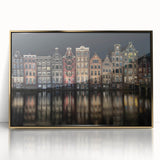 Art Deco-style poster of Amsterdam scenery in muted gold tones on framed acrylic, suitable for modern art wall decor.