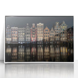 Mid-century modernist art depicting Amsterdam's scenic canals in muted blue and white, acrylic framed.