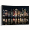 Black and white framed canvas of Amsterdam landscape with vintage poster art style, ideal for bedroom decor.