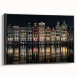 Black and white framed canvas of Amsterdam landscape with vintage poster art style, ideal for bedroom decor.
