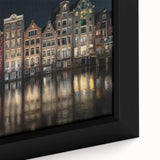 Extra large framed canvas featuring a textured depiction of Amsterdam with vibrant, colorful art on a black background.