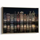 Framed canvas featuring a vintage poster art of Amsterdam landscape in black with gold accents, ideal for bedroom decor.