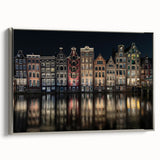 Framed canvas landscape art painting of Amsterdam, featuring colorful houses and canals with a vintage poster art style.