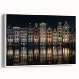 Vintage poster art of Amsterdam with colorful, detailed scenery on a large framed canvas, ideal for living room decor.