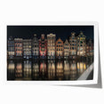Rolled print of Amsterdam scenery featuring a floral foreground and historic buildings, in muted earth tones.