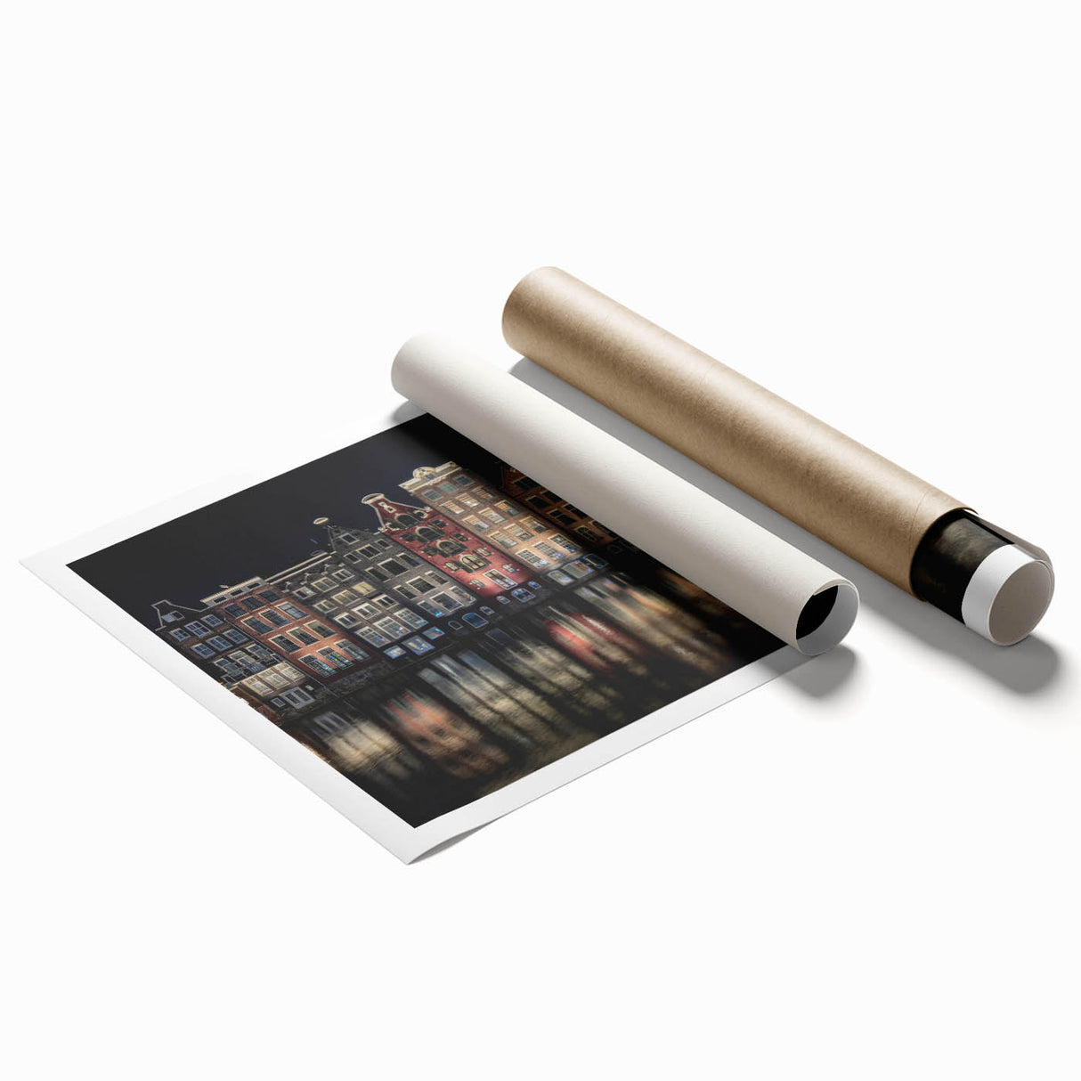 Extra large rolled print of Amsterdam scenery featuring muted floral art.