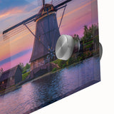 Large abstract wall art depicting a European scenery in muted earth tones on acrylic glass, ideal for dining room ambiance.