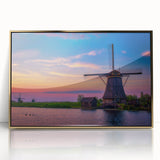 Art deco poster depicting a serene Dutch landscape in pastel shades, framed in gold acrylic, suitable for nursery wall art.