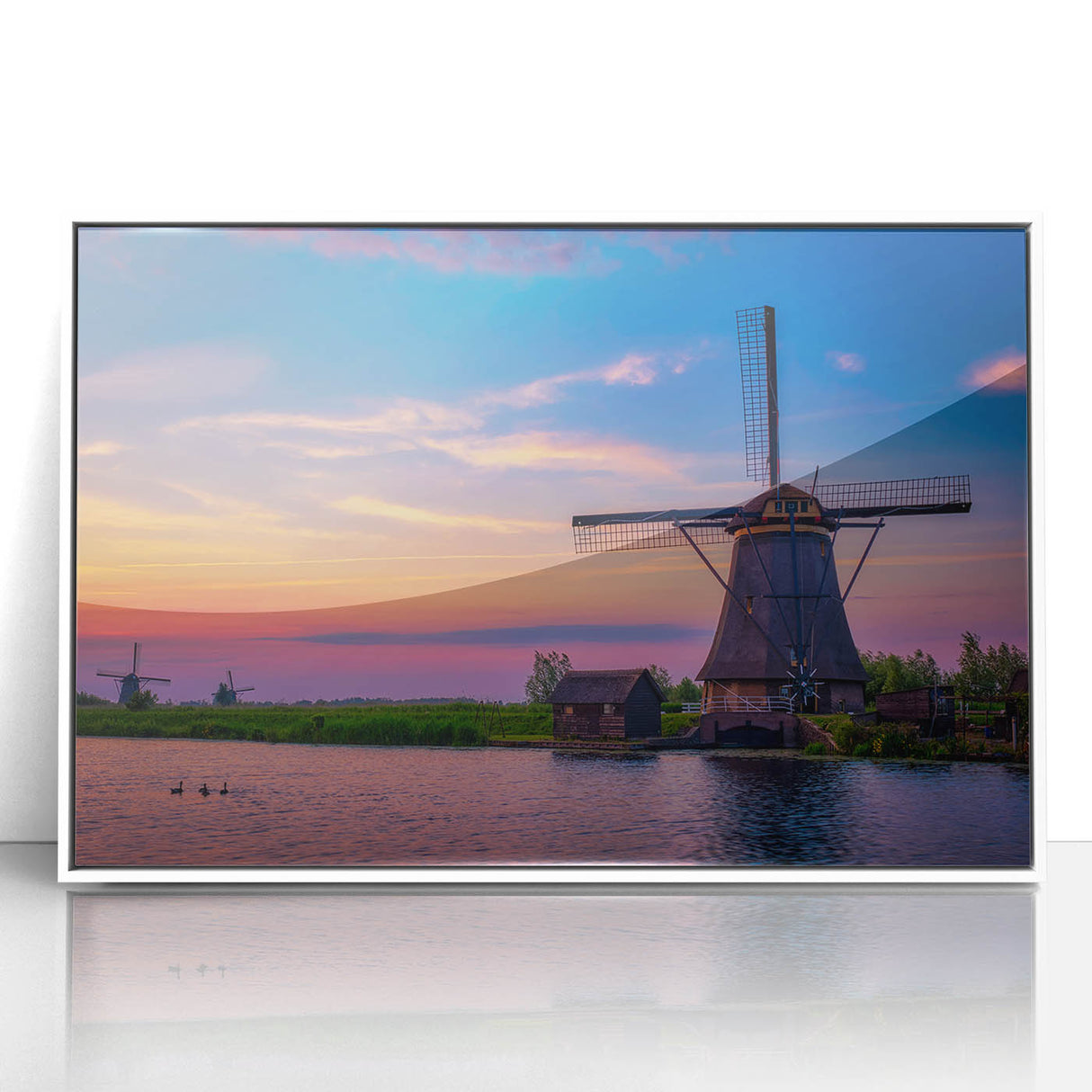 Mid-century modernist art depicting a serene European landscape in muted greens and blues on a framed acrylic.