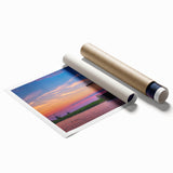 Rolled print of a Dutch landscape with tulip fields in vibrant hues, ideal for large living room wall art.