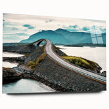 Large abstract wall art of a Norwegian landscape in muted blues and greens on acrylic glass.