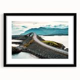 Abstract art print of a colorful Norwegian landscape in vibrant blues and greens on a large textured canvas.