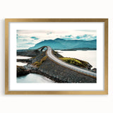 Abstract art print of a European scenery in Norway, featuring cool blue and green tones on a gold-framed mat.