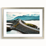 Extra large abstract art print of a Norwegian landscape in muted earth tones on a textured canvas, framed in silver.