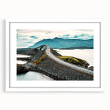 Textured art print of a Norwegian landscape in muted earth tones on a framed white mat, ideal for bedroom decor.