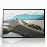 Large abstract wall art depicting a serene Norwegian landscape in muted earth tones, framed in black acrylic.