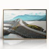 Acrylic print of a serene Norwegian landscape, featuring muted green and blue tones, framed in gold.