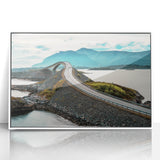 Mid-century modernist art of a tranquil Norwegian landscape in soft blue and green hues on a framed acrylic.