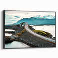 Black and white framed canvas depicting a vintage-style Norwegian landscape, ideal for bedroom wall art.