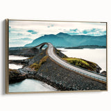 Framed canvas wall art depicting a vintage-style Norwegian landscape in muted earth tones, ideal for bedroom decor.