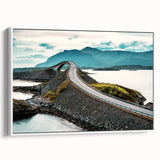 Vintage poster art of a scenic Norway landscape in vibrant colors on a framed canvas, ideal for living room decor.