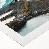 Art deco poster of a Norway landscape in muted green and blue tones on rolled canvas, suitable for dining room decor.