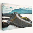 A panoramic view of a Norwegian fjord with muted blue and green tones on stretched canvas, ideal for kitchen wall art.