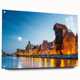 Large abstract wall art depicting a European scenery in muted earth tones on acrylic glass.