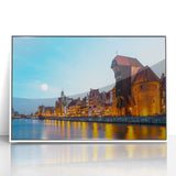 Mid-century modernist art depicting a serene European landscape in muted pastels, framed acrylic, ideal for nursery wall art.