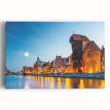 Black and white photograph of a European cityscape on stretched canvas, ideal for kitchen wall art.