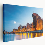 Side view of a stretched canvas featuring a scenic European landscape in muted earth tones, ideal for kitchen wall art.