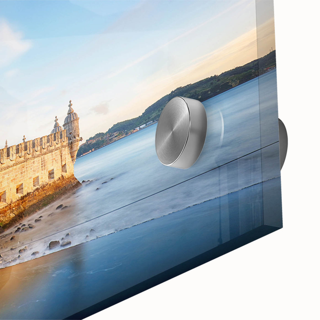 Large abstract wall art featuring Lisbon scenery in muted earth tones on acrylic glass, ideal for dining room ambiance.