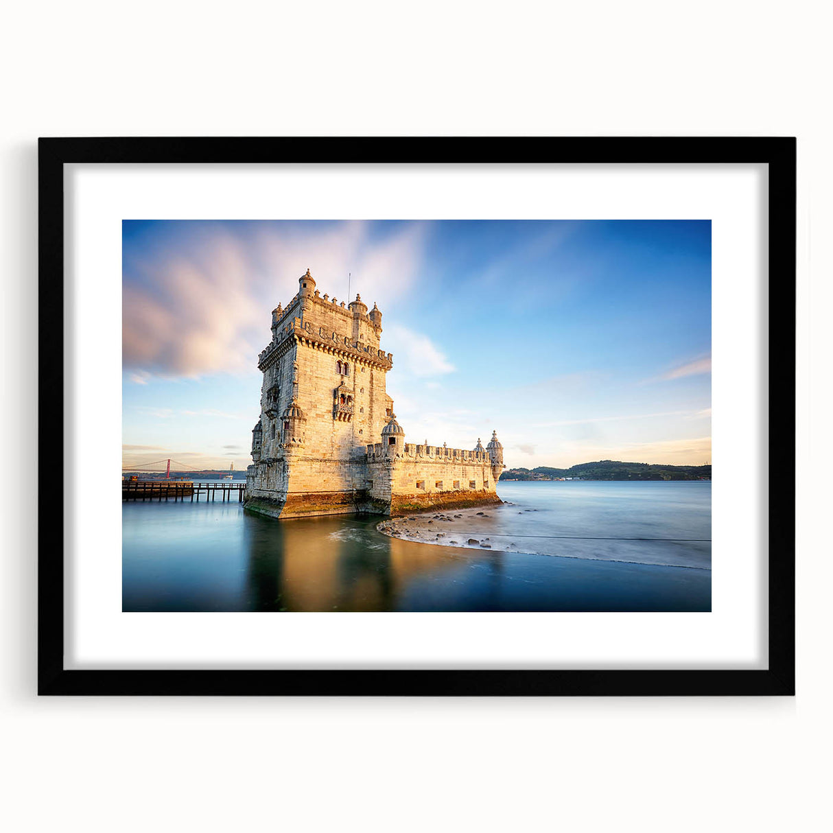 Extra large framed wall art featuring an abstract depiction of Lisbon in vibrant, textured hues of blue, orange, and green.