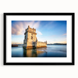 Extra large framed wall art featuring an abstract depiction of Lisbon in vibrant, textured hues of blue, orange, and green.