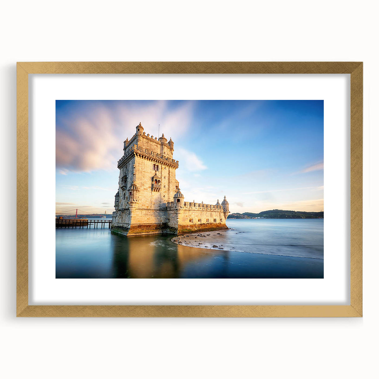 Abstract art print of Lisbon with vibrant blue and white tones on a framed canvas, ideal for dining room decor.