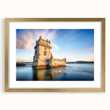 Abstract art print of Lisbon with vibrant blue and white tones on a framed canvas, ideal for dining room decor.