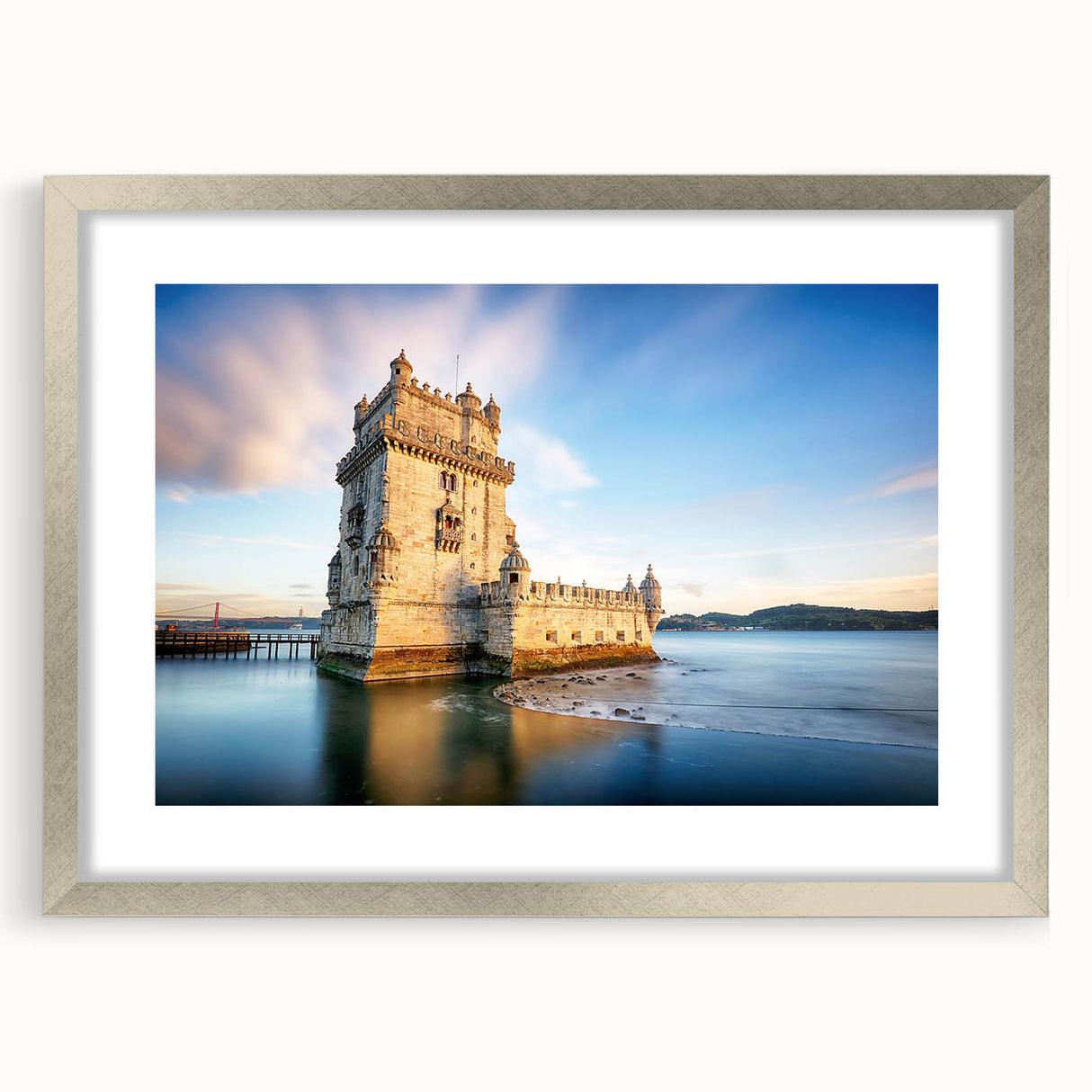 Extra large wall art of abstract Lisbon cityscape in textured shades of blue and gray, framed in silver.
