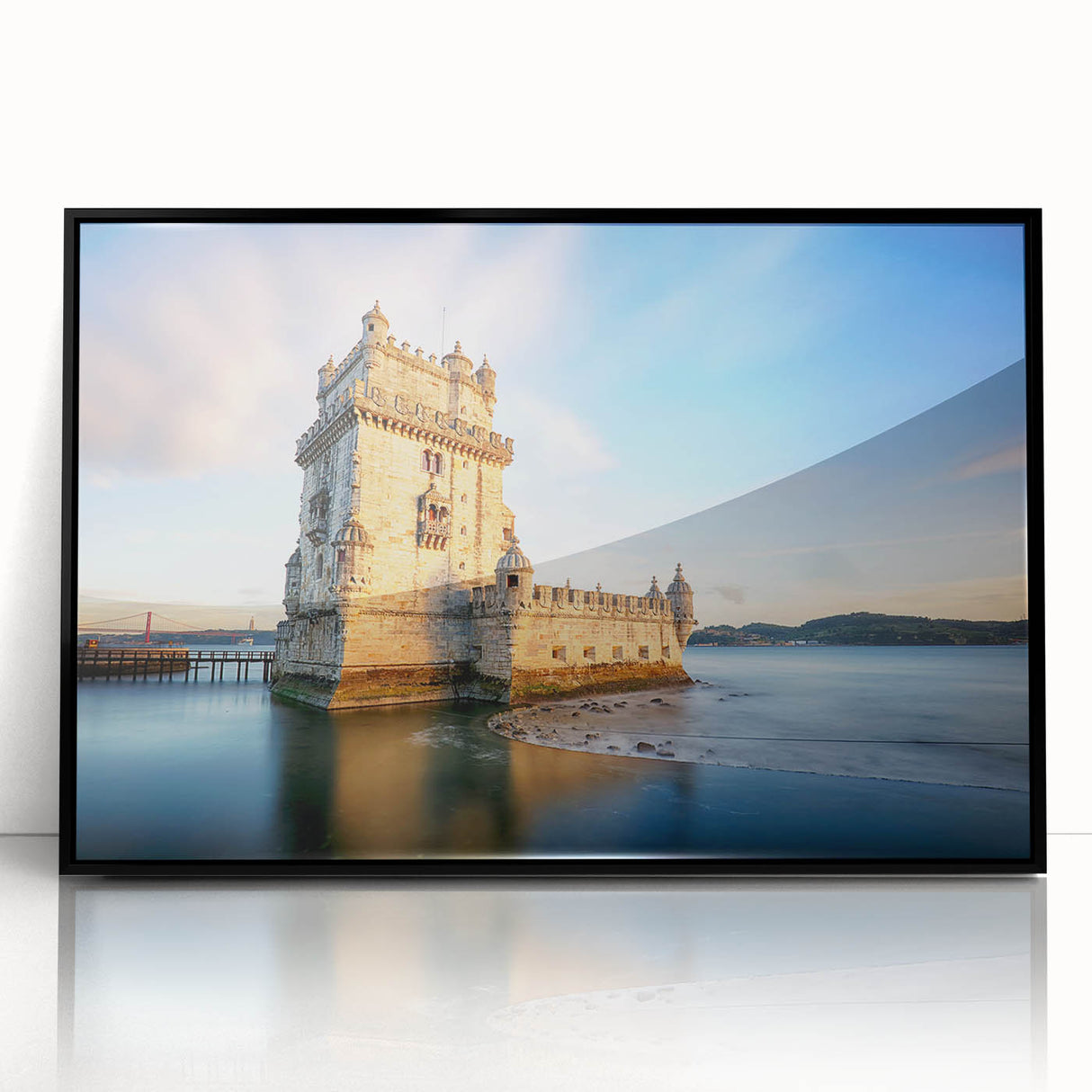 Large abstract wall art depicting Lisbon's cityscape in muted earth tones, framed in black acrylic.